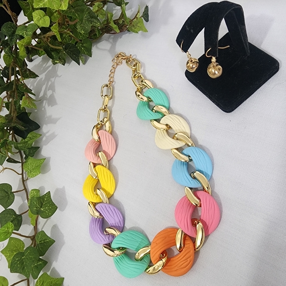 Chunky Pastel Multi Color Acrylic Chain Necklace Earrings Set New - Picture 4 of 8